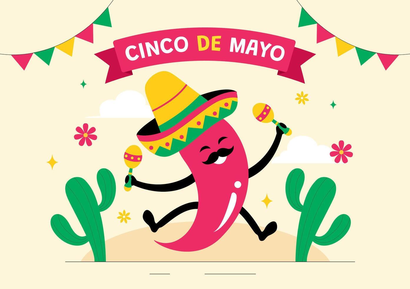 Mexican Holiday Celebration for Cinco de Mayo Illustration with Cactus, Guitar, and Sombrero in a Colorful Background vector