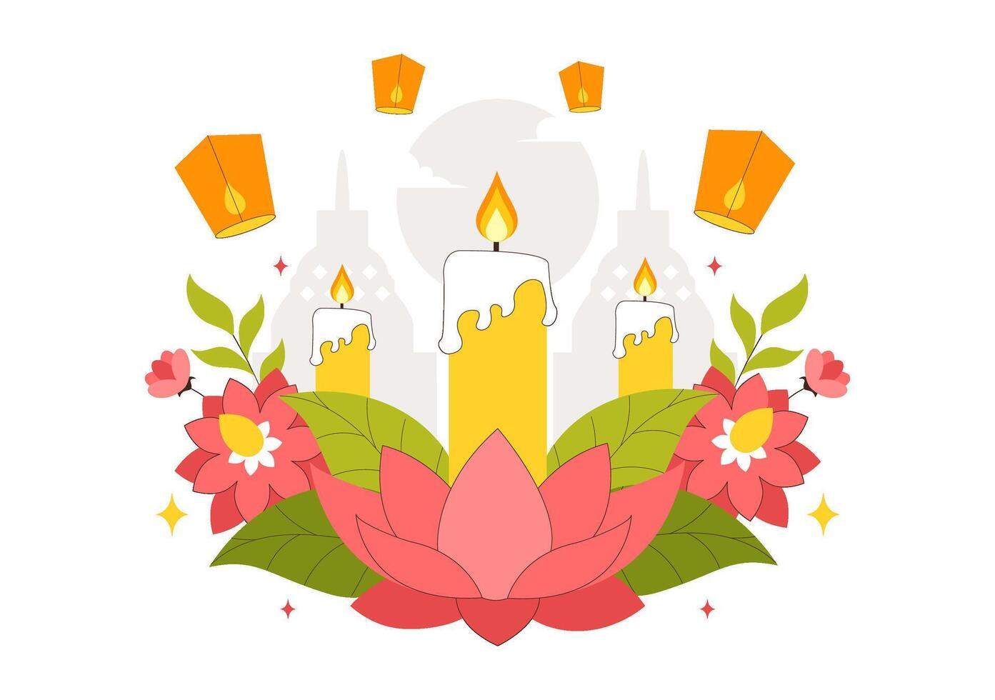 Vesak Day Festival Art with Temple Silhouette, Lanterns, and Buddha Meditation in Flat Style vector