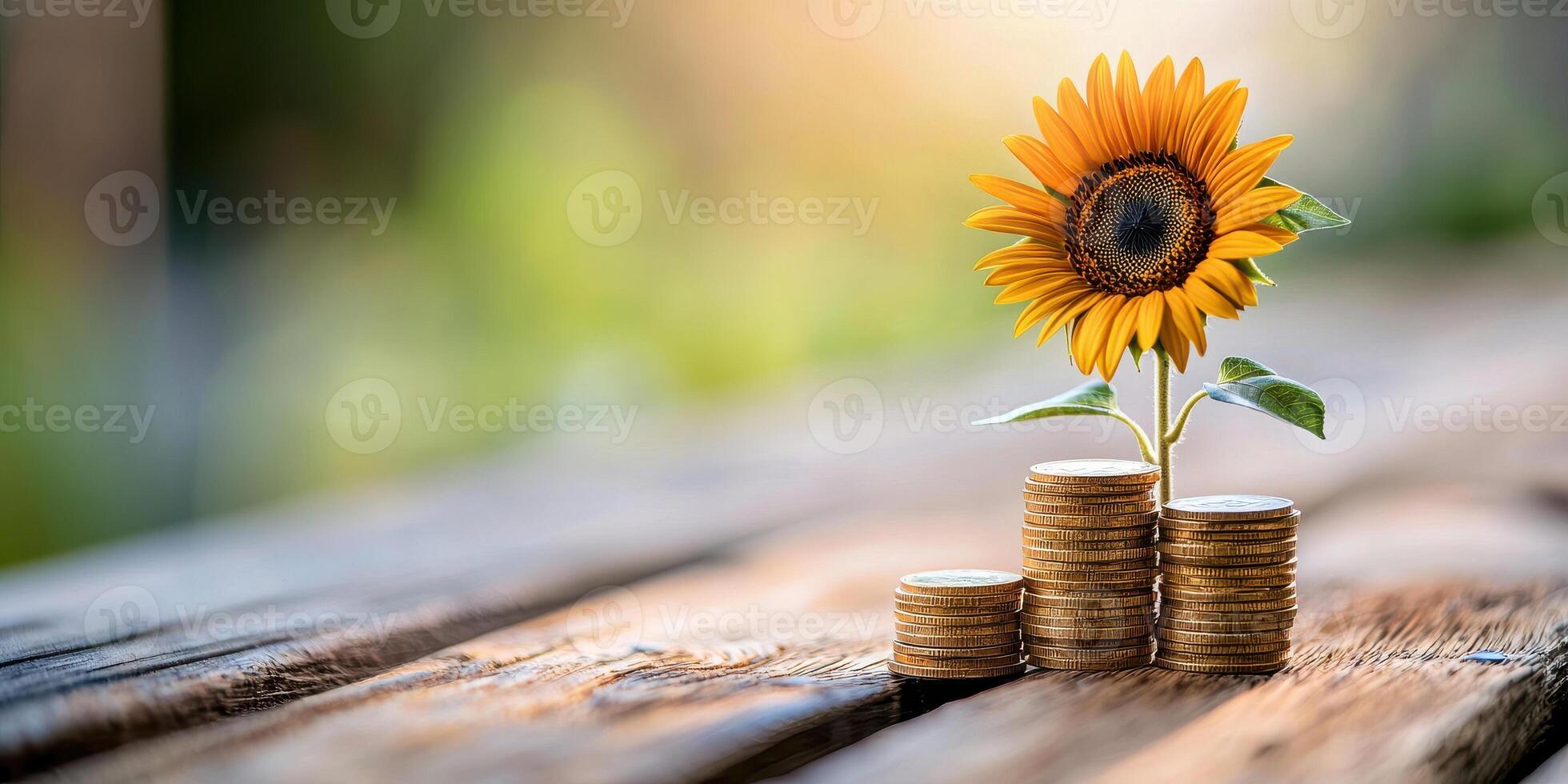 golden sunflower growing from stack of coins symbolizes prosperity and growth. This vibrant image captures essence of nature and finance photo