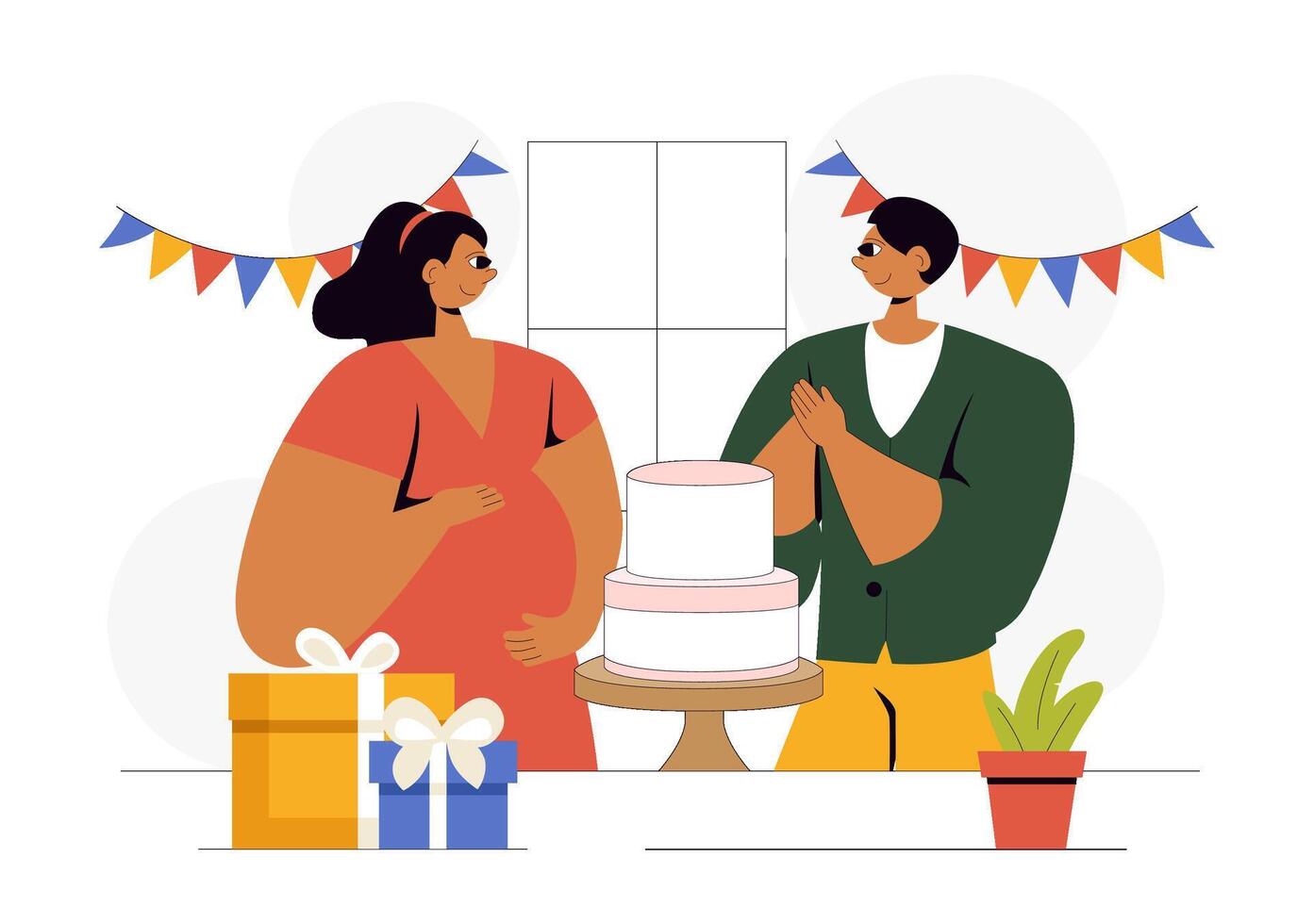 Baby Shower Event Illustration with Festive Cake, Gifts, and Joyful Parents in Flat Cartoon Style vector