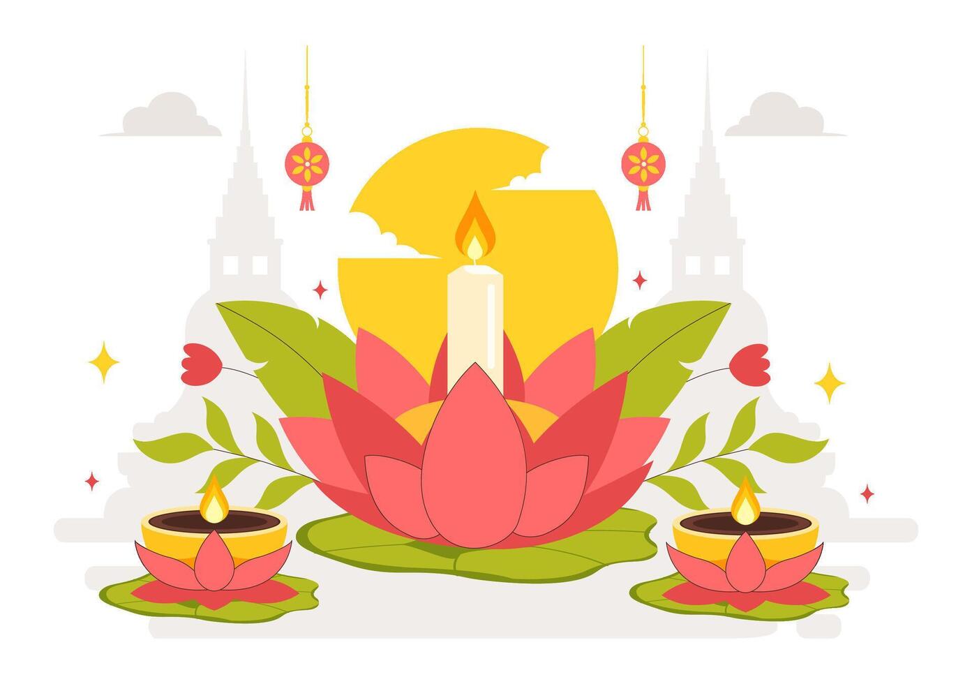 Buddhist Vesak Day Celebration with Temple, Lanterns, and Meditation Scene in Flat Cartoon Style vector