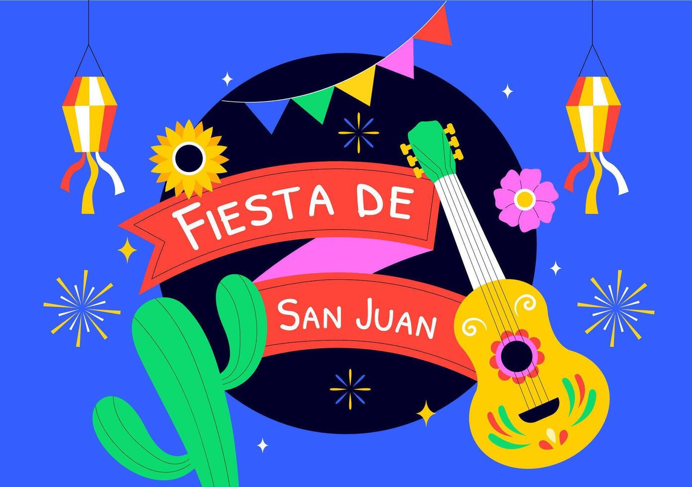 Illustration of Fiesta de San Juan with Fireworks, Bonfire, and Festive Flags vector