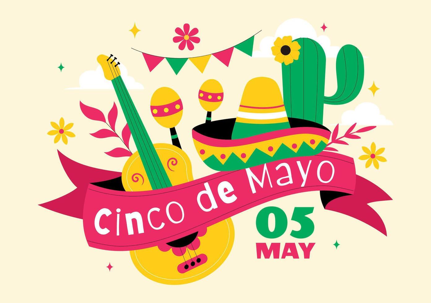 Mexican Fiesta Cinco de Mayo Illustration Featuring Tequila, Cactus, and a Traditional Sombrero in a Flat Style Background vector