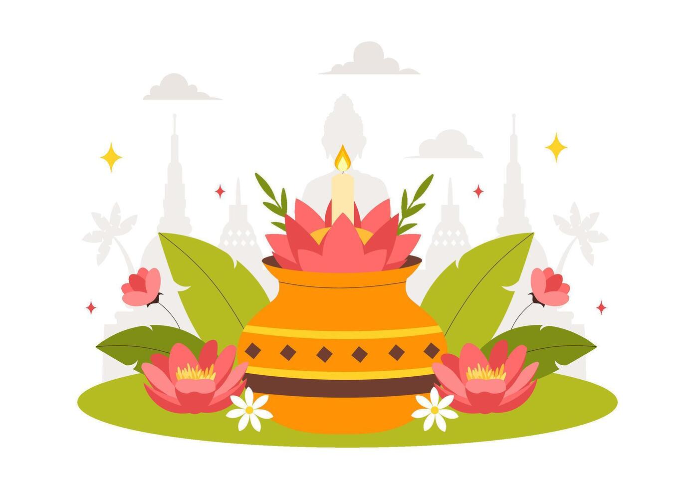 Happy Vesak Day Cartoon Illustration Featuring Buddhist Symbols, Lanterns, and Temple Background vector