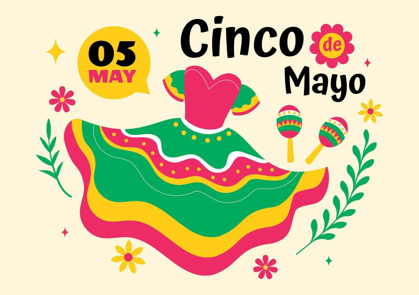 Cinco de Mayo Celebration Illustration with Mexican Culture Symbols like Cactus, Guitar, and Sombrero in a Flat Cartoon Background vector