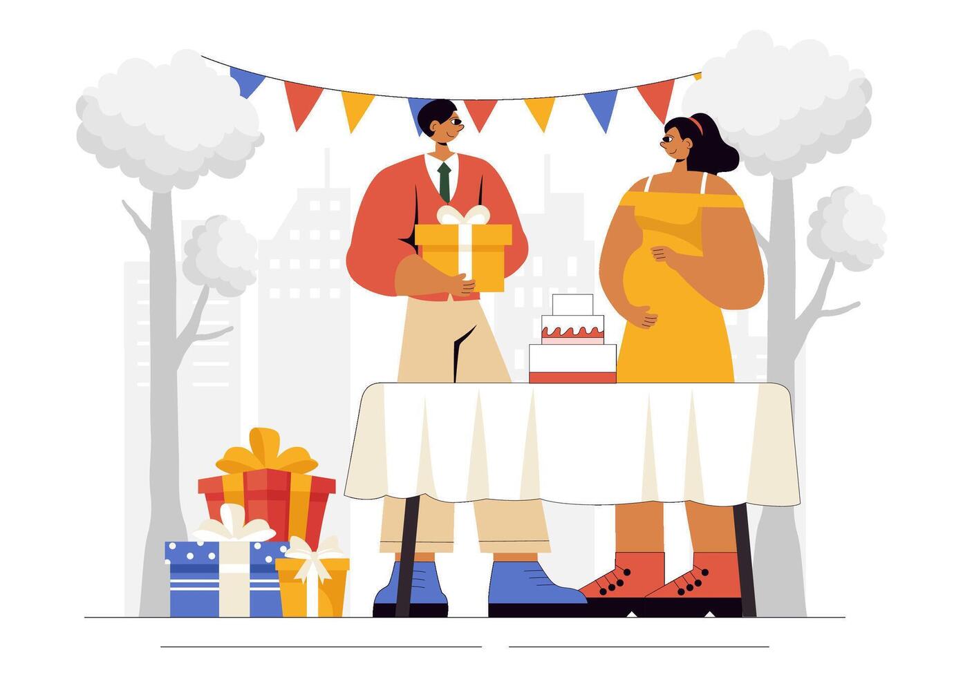 Baby Shower Illustration Featuring a Couple Celebrating the Arrival of a Little Boy or Girl with Cake, Decorations, and Gifts in a Background vector