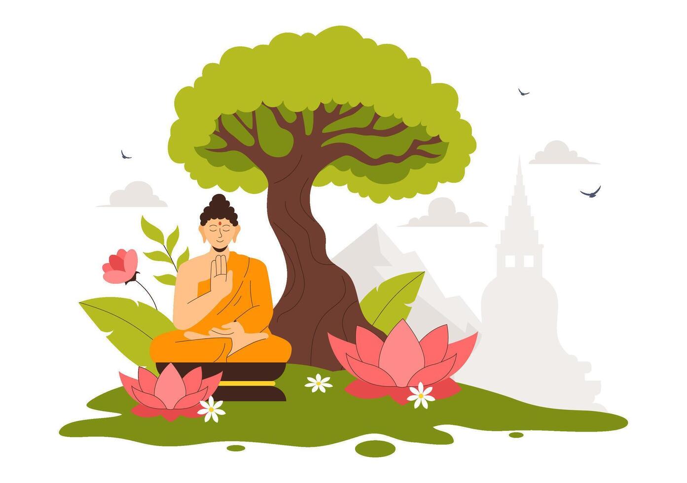 Vesak Day Illustration with Buddha, Lotus Flower, and Temple Silhouette in a Flat Cartoon Background vector