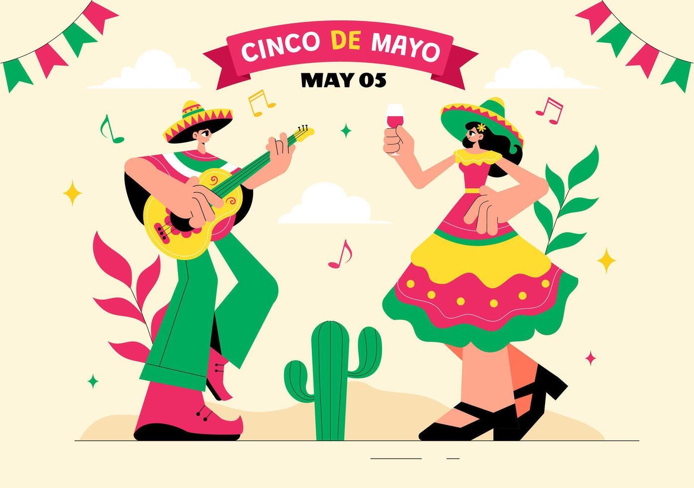 Flat Style Cinco de Mayo Illustration of Mexican Culture with Cactus, Guitar, and Festive Drinks vector