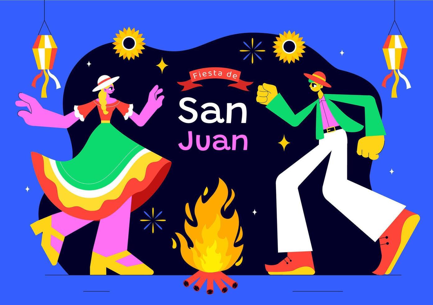 Saint John's Feast Illustration with Bonfire, Fireworks, and Festive Decorations vector