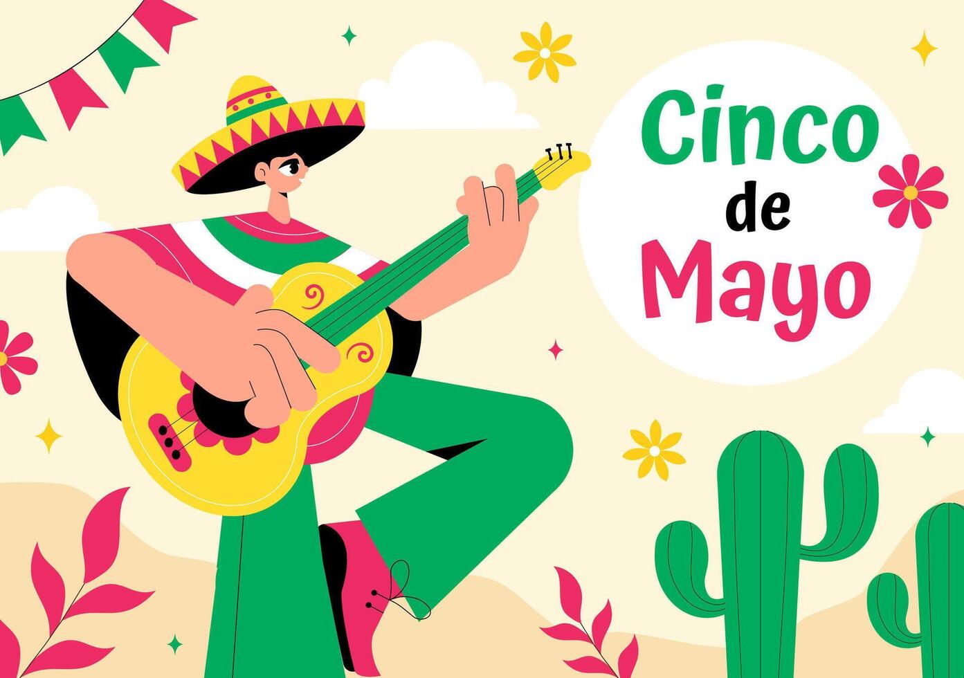 Colorful Cinco de Mayo Illustration with Mexican Symbols like Cactus, Guitar, and Drinks in a Fun Cartoon Background vector