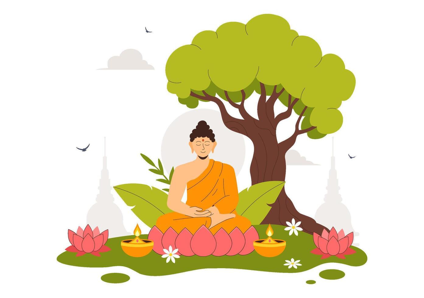 Buddha's Birthday Vesak Day Illustration with Lotus Flowers, Temple, and Lanterns in Flat Design vector