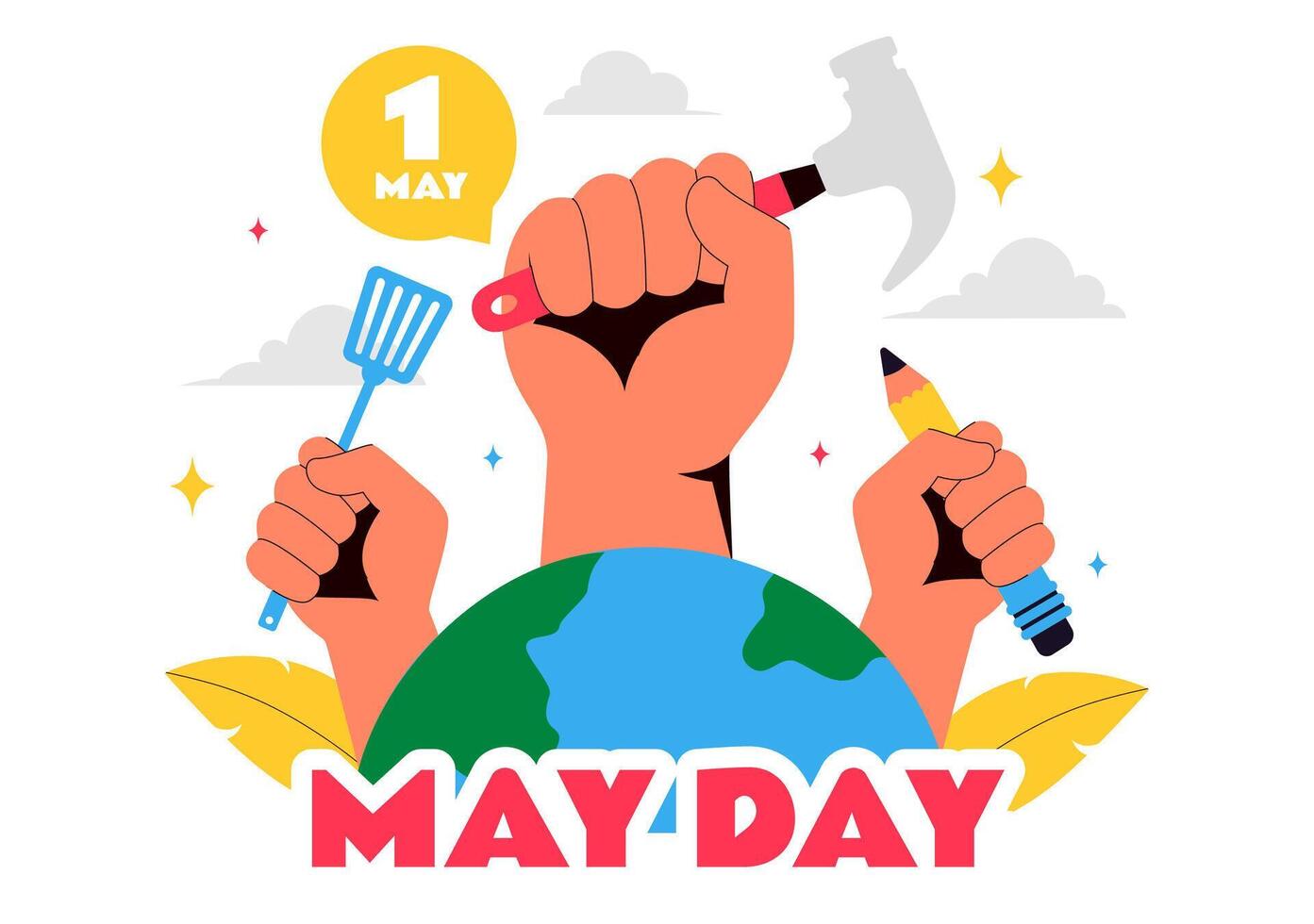 May Day Illustration Celebrating Workers from Various Professions on May 1st with a Thank You Message vector