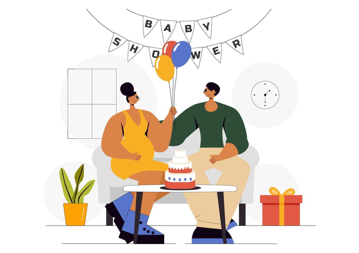 Cute Baby Shower Illustration Featuring a Couple with Cake, Gifts, and Balloons vector