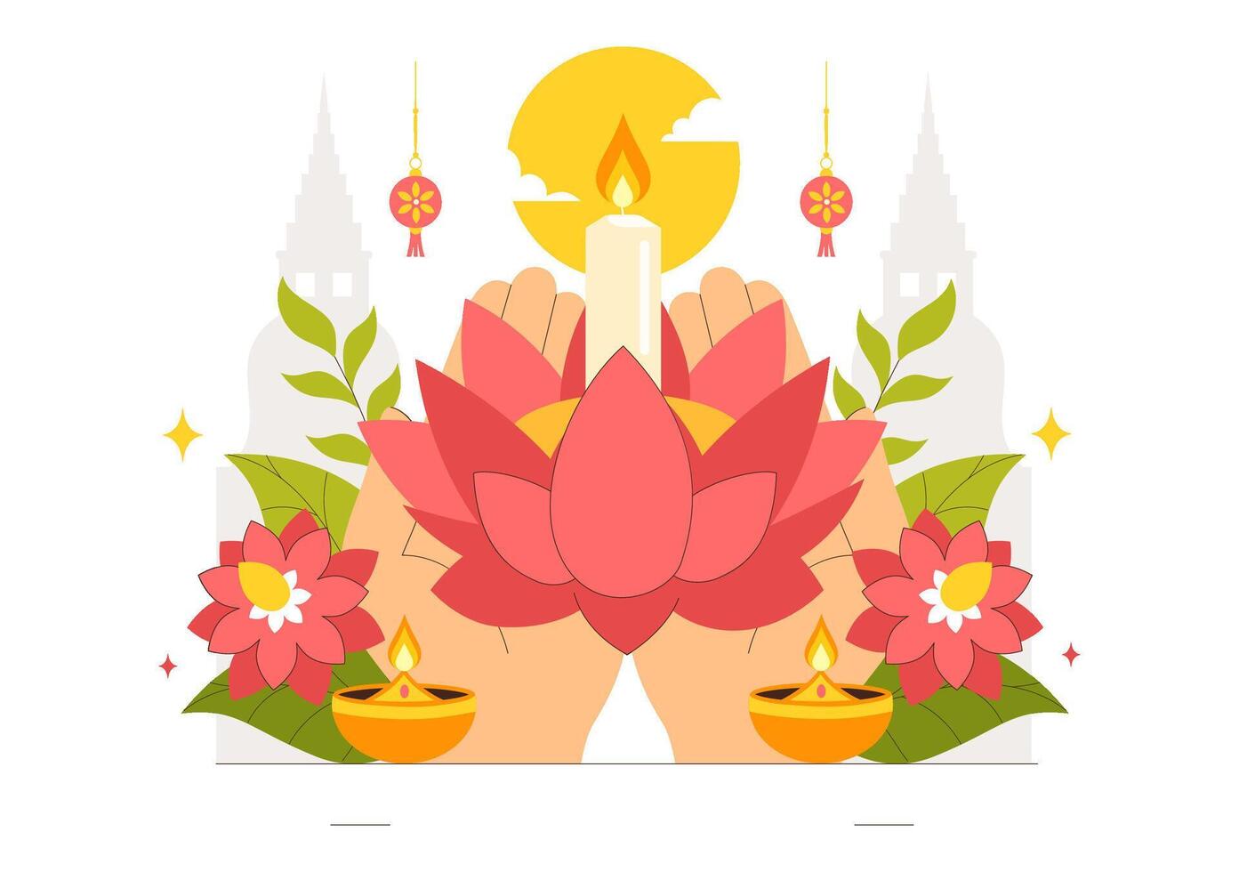 Vesak Day Celebration with Meditation Buddha, Temple, and Lanterns in Flat Cartoon Art vector
