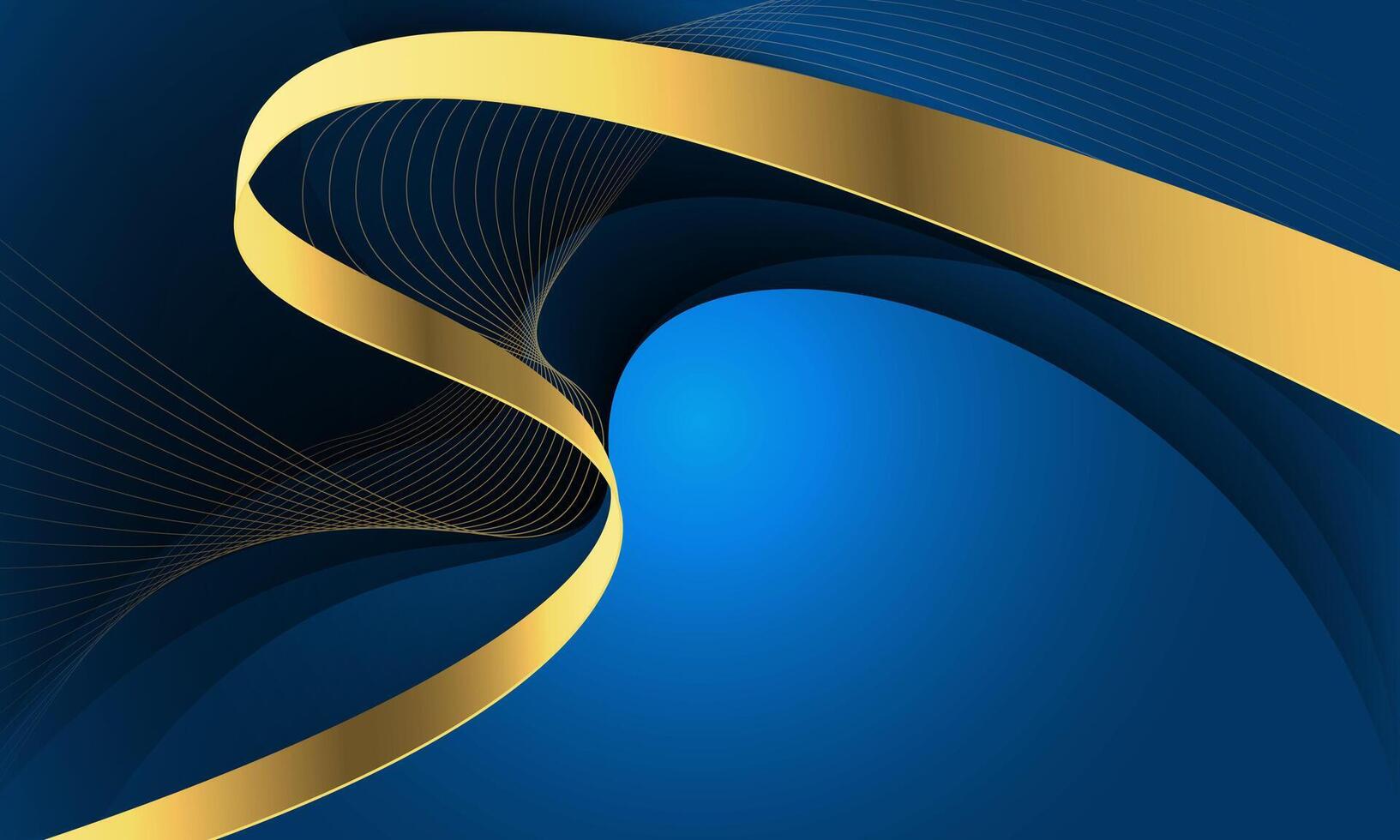 Abstract gold line ribbon curve overlap on blue fabric wave design modern luxury elegant background vector