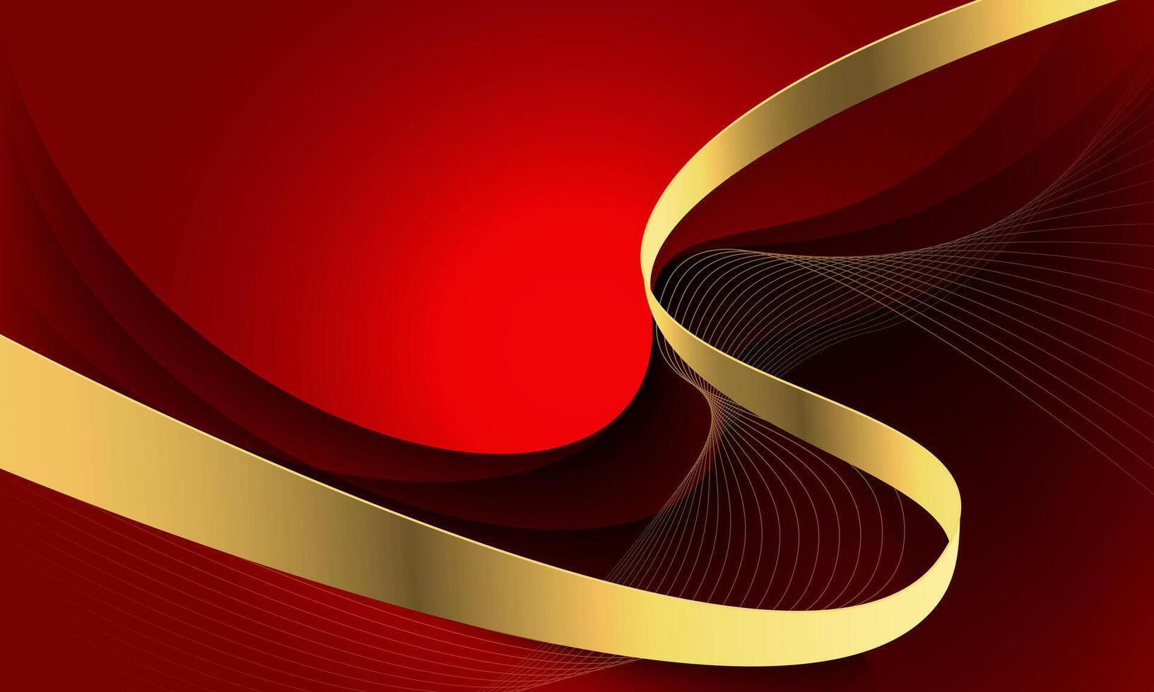 Abstract gold line ribbon curve overlap on red fabric wave design modern luxury elegant background vector