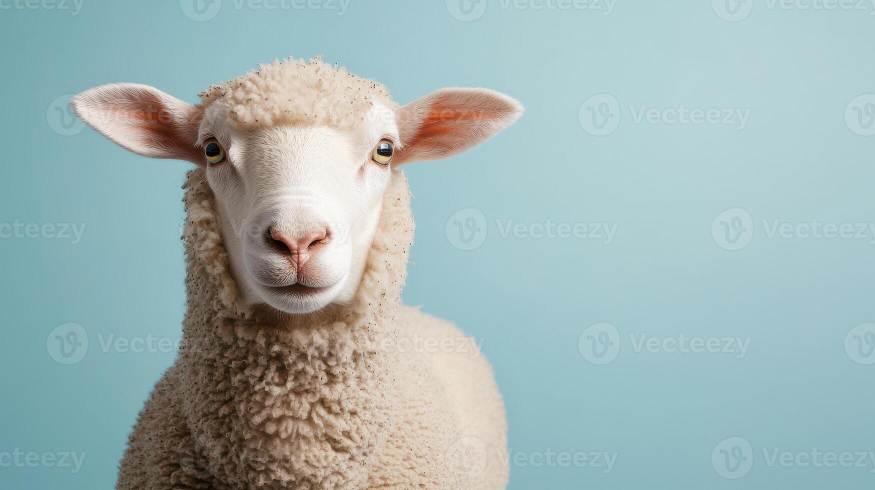 Fluffy sheep with calm expression against light blue background photo