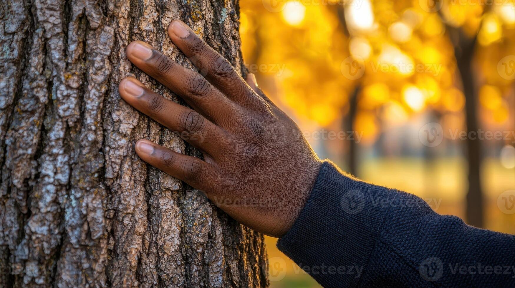 hand pressed against tree trunk, connecting with nature pulse. warm autumn colors create serene atmosphere photo