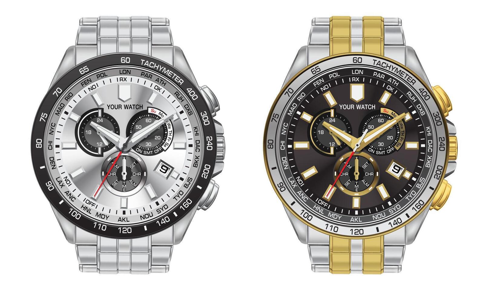 Realistic clock watch chronograph silver black gold luxury collection for men business on white background vector