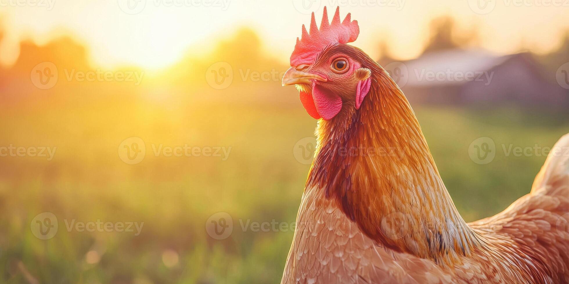 close up of chicken in sunny field, showcasing its vibrant feathers and serene expression. warm sunlight enhances natural beauty of scene photo