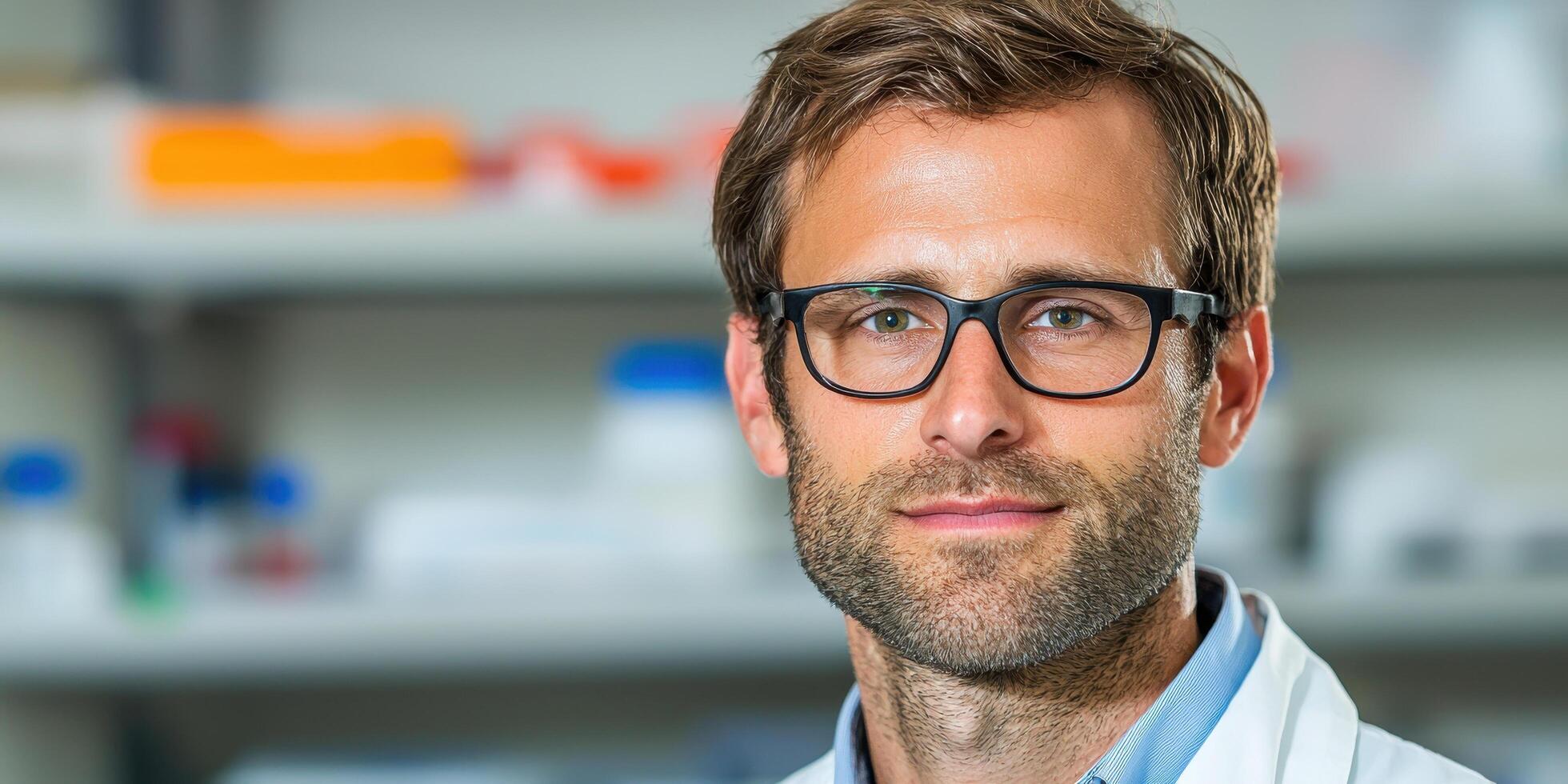 scientist in laboratory setting, wearing glasses and lab coat, focused on research and innovation photo