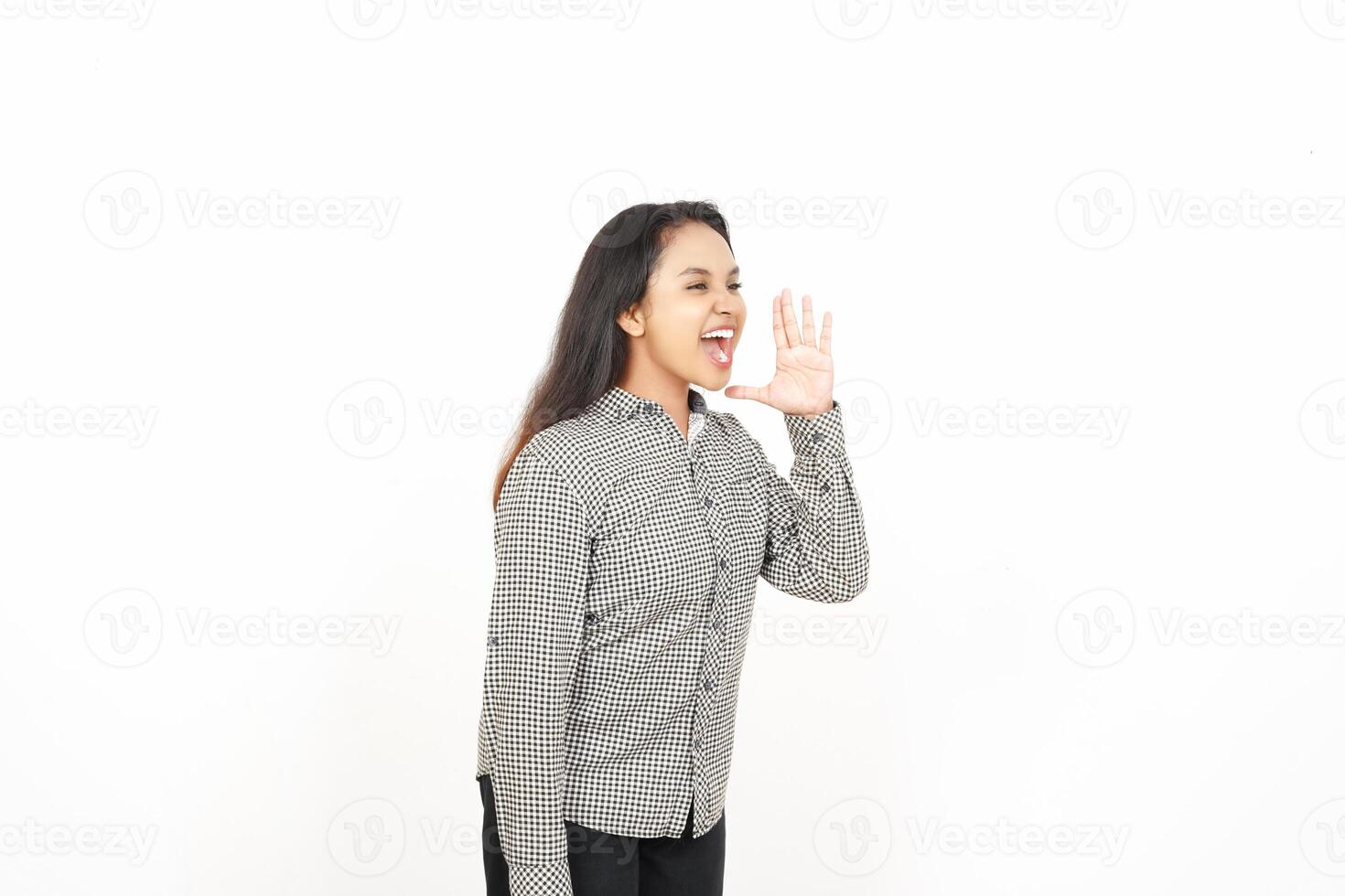 A woman is talking on a white background photo