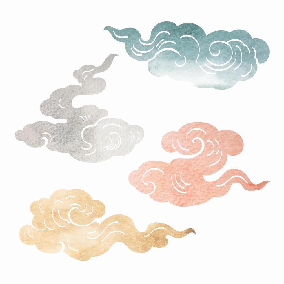 Blue, grey, pink and brown brush stroke texture with Japanese chinses cloud pattern in vintage style. Abstract art landscape banner design with watercolor texture . vector