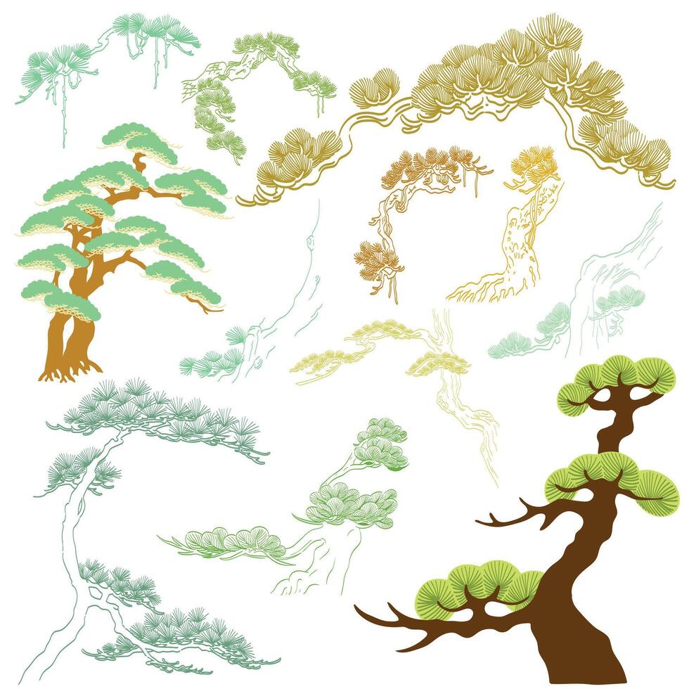 Japanese Bonsai tree pattern in vintage style. Abstract art landscape banner design . vector