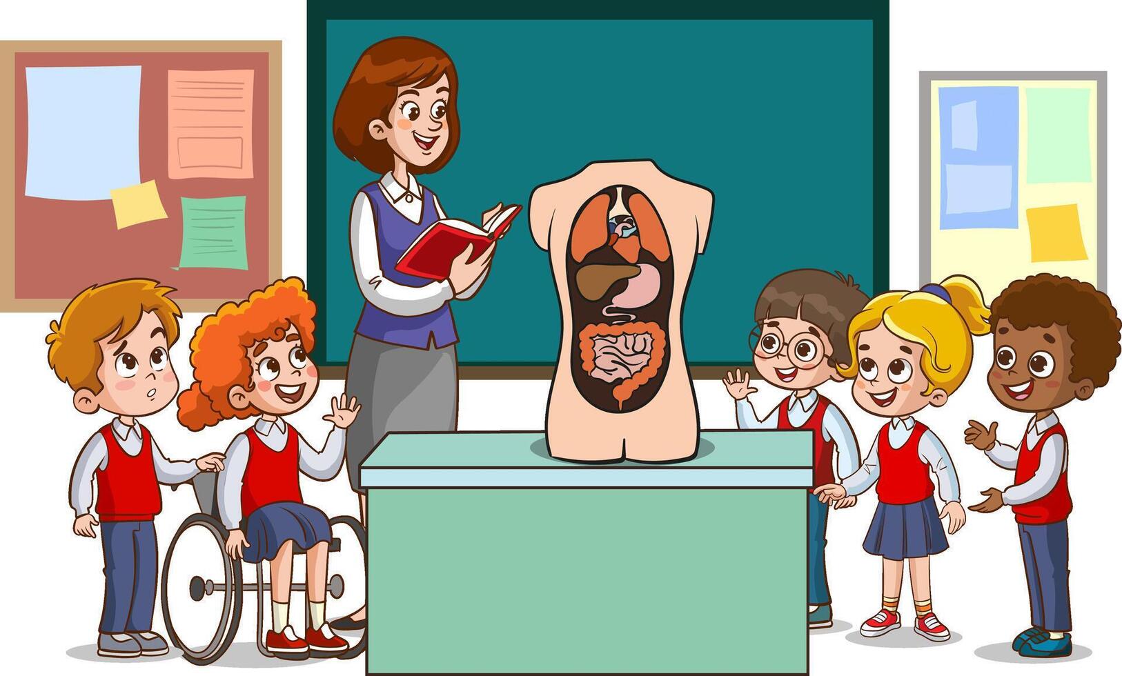 Biology Teacher Engages Curious Kids in Class, Developing Love for Science as They Explore Human Organs Through Interactive Lessons vector