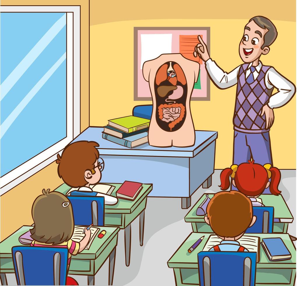 Biology Teacher Engages Curious Kids in Class, Developing Love for Science as They Explore Human Organs Through Interactive Lessons and Hands-on Experiments Illustration vector