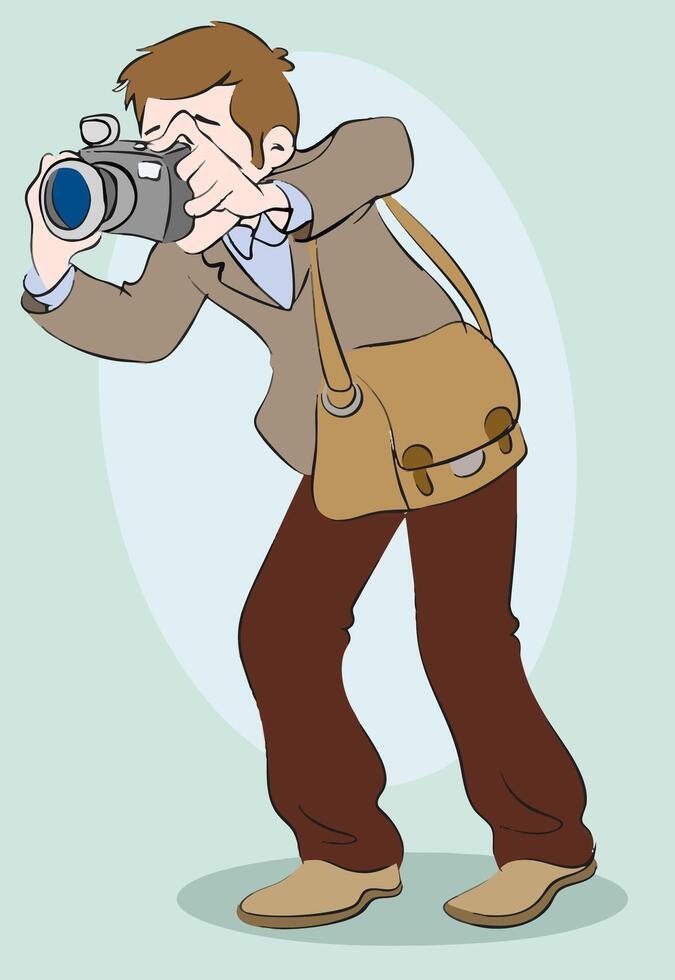 man taking pictures with camera.Male photographer holding a camera to take pictures. Flat illustration isolated on white background vector