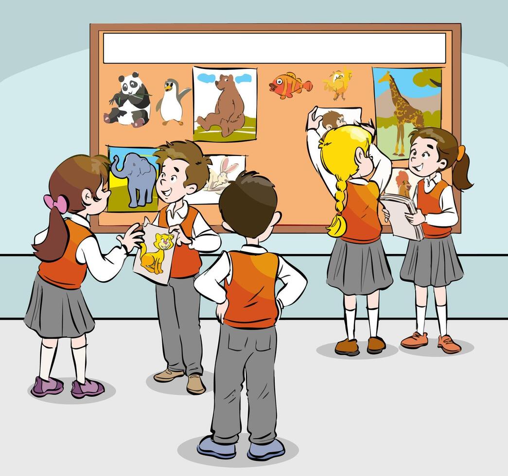 Students are talking among themselves. They are doing group work. They are preparing the board in the school. vector