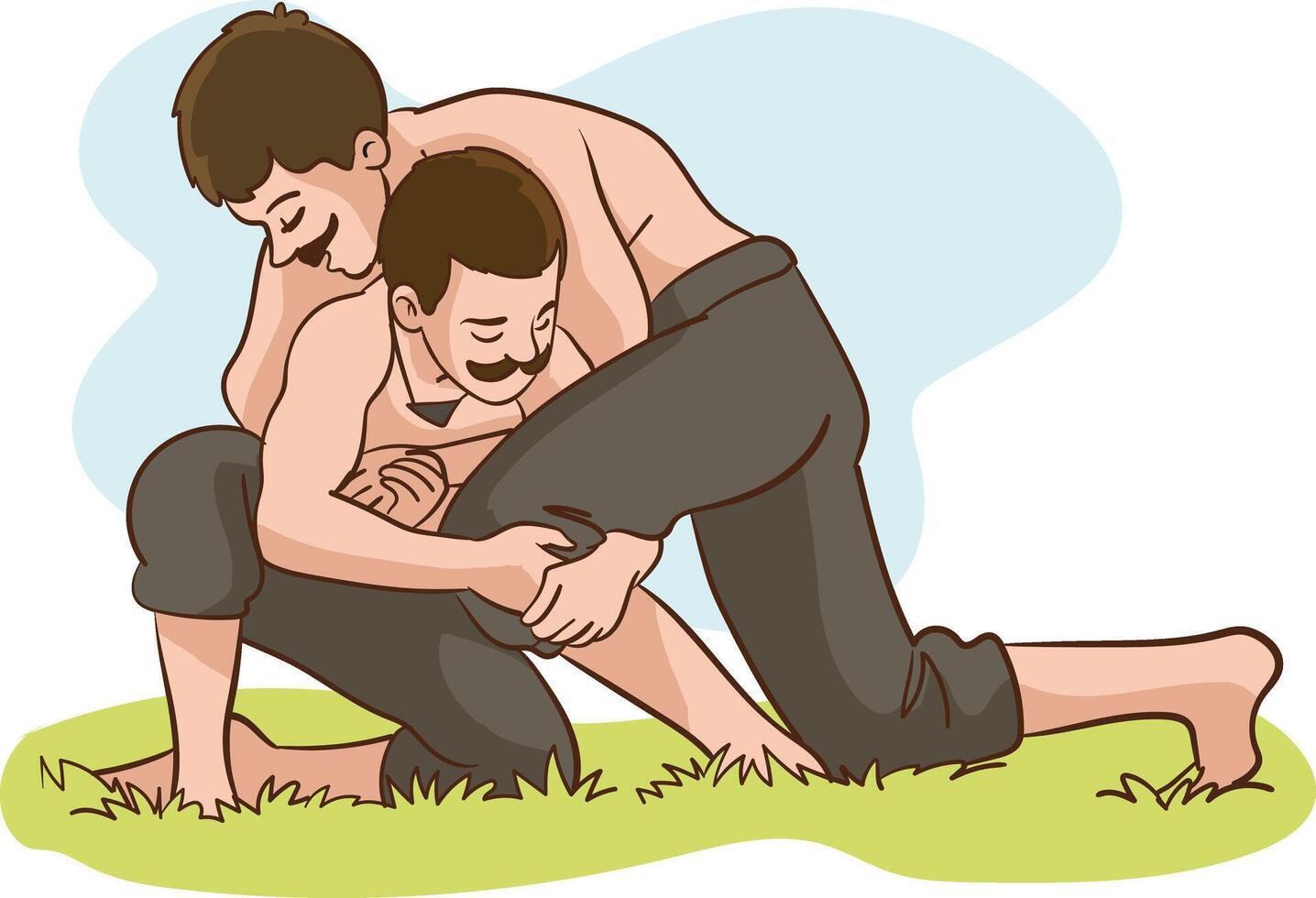 Two wrestlers wrestling on the grass.The illustration of the traditional Turkish oil wrestling. vector