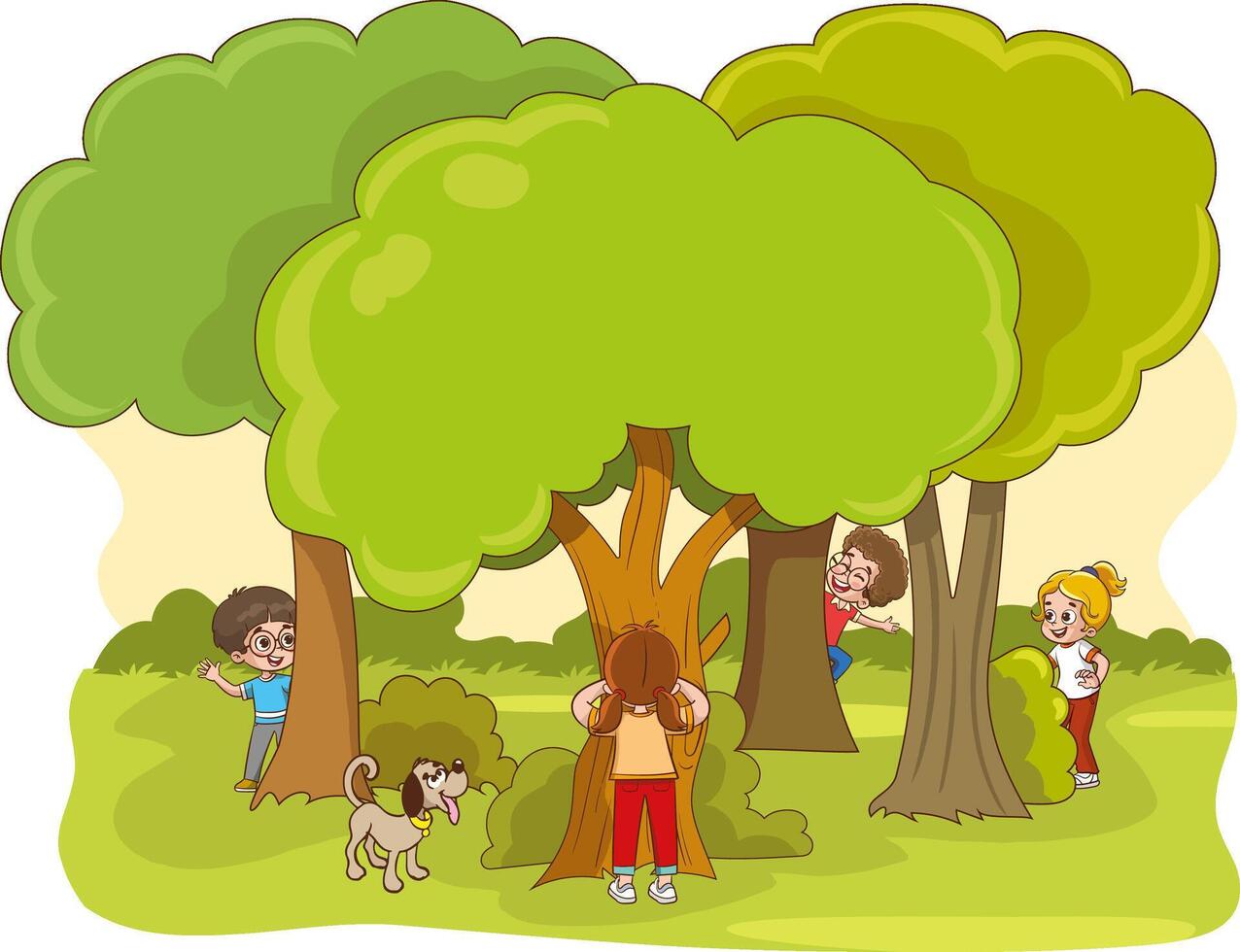 cute happy kids playing hide and seek.Children Playing Hide and Seek in a Green Forest. Happy Kids Hide Behind Trees and Bushes While Enjoying a Fun Outdoor Game. vector