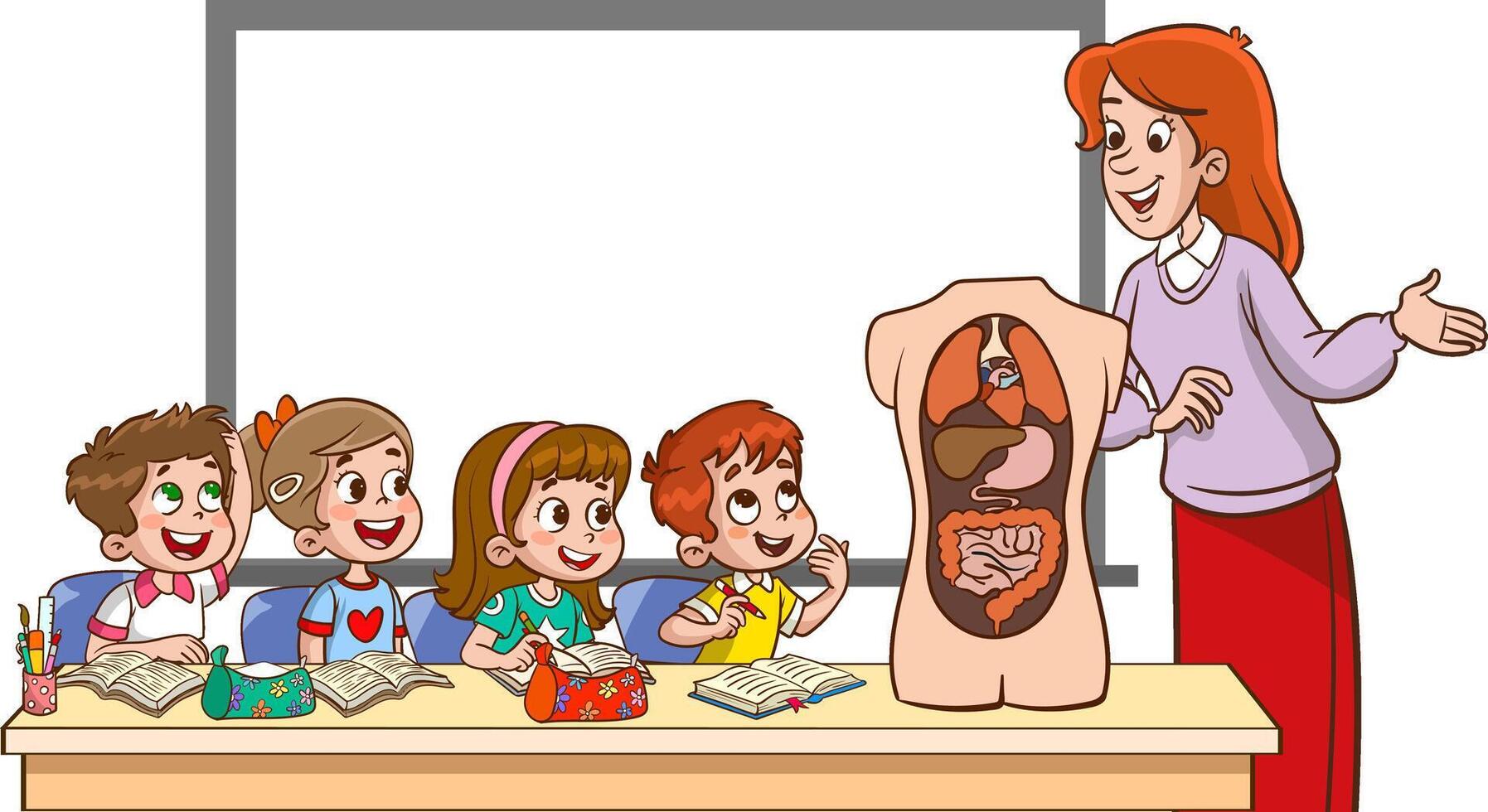 Biology Teacher Engages Curious Kids in Class, Developing Love for Science as They Explore Human Organs Through Interactive Lessons and Hands-on Experiments. vector