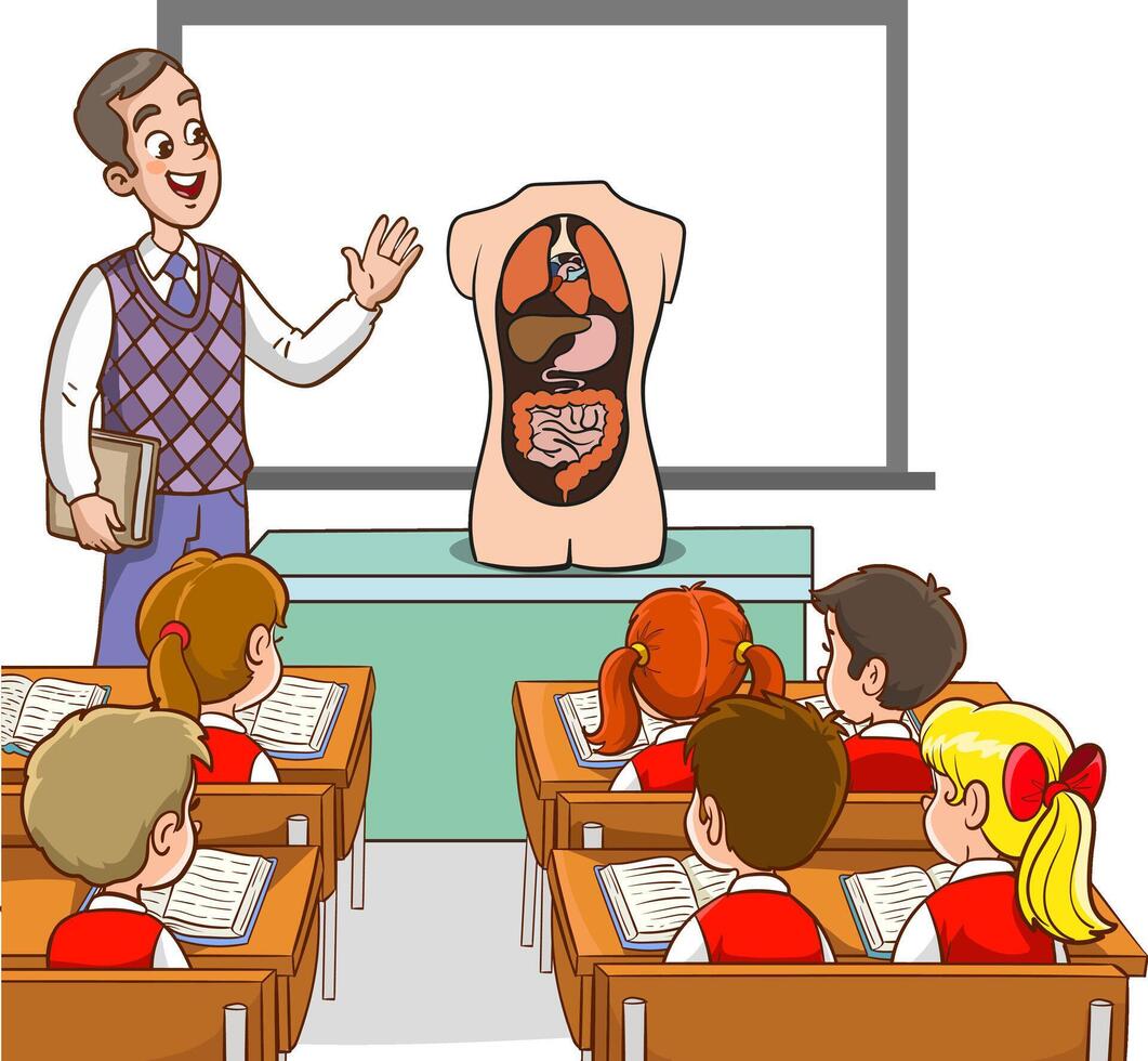 Biology Teacher Engages Curious Kids in Class, Developing Love for Science as They Explore Human Organs Through Interactive Lessons and Hands-on Experiments vector