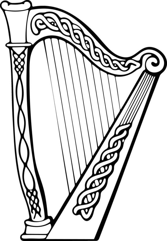 Intricate black and white Celtic harp illustration ornamental knotwork symbolizing Irish heritage music and folklore vector