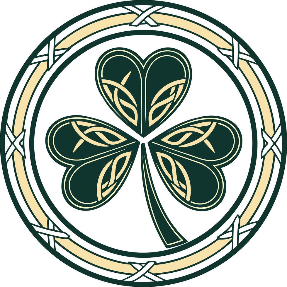 Celtic shamrock emblem intricate knotwork and ornate circular border in green and gold illustration vector