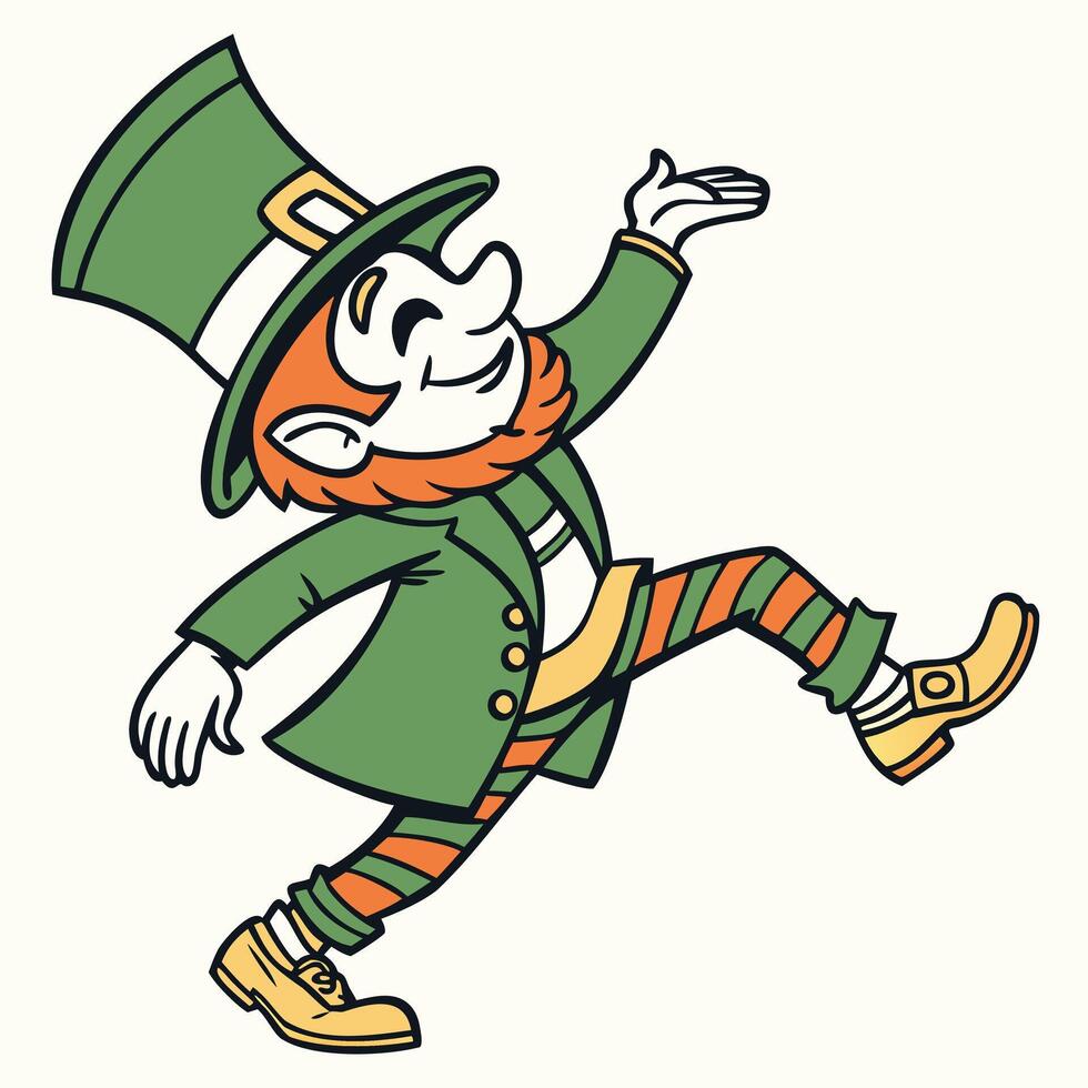 Cheerful dancing leprechaun in green outfit with gold buckled boots festive Irish celebration style vintage cartoon illustration vector