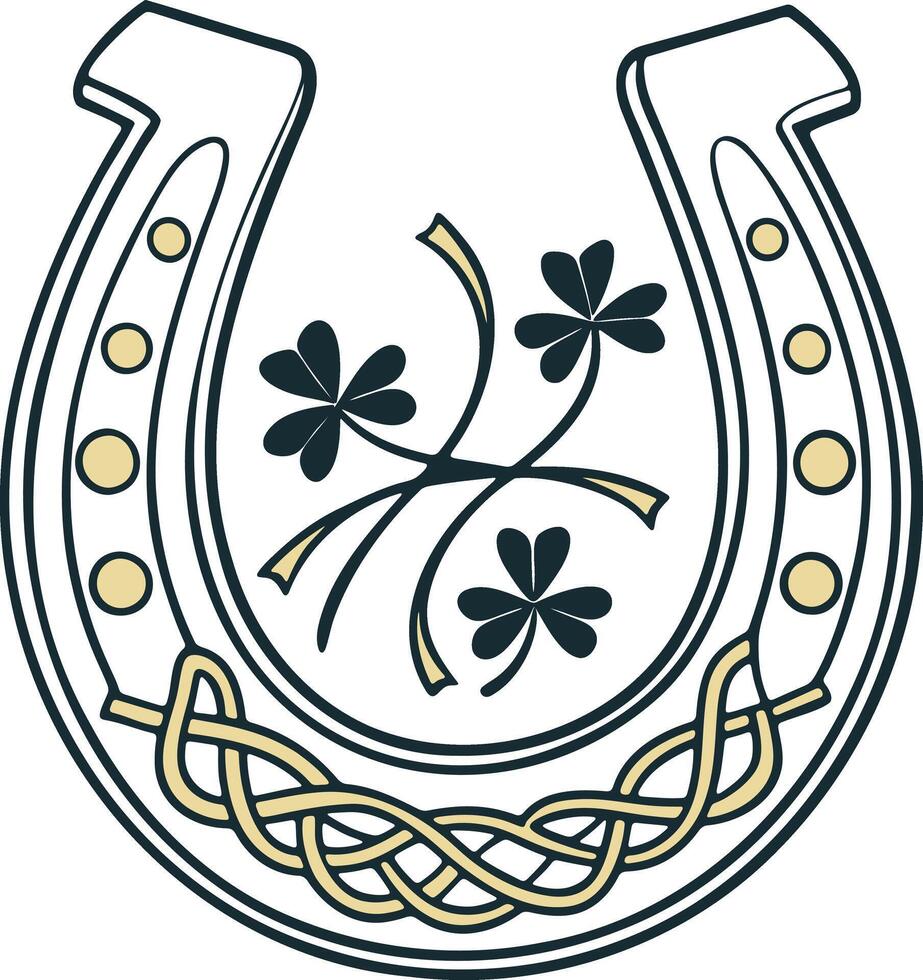Vintage Celtic horseshoe with shamrocks and intricate knot pattern symbolizing Irish luck in a detailed folklore inspired vector