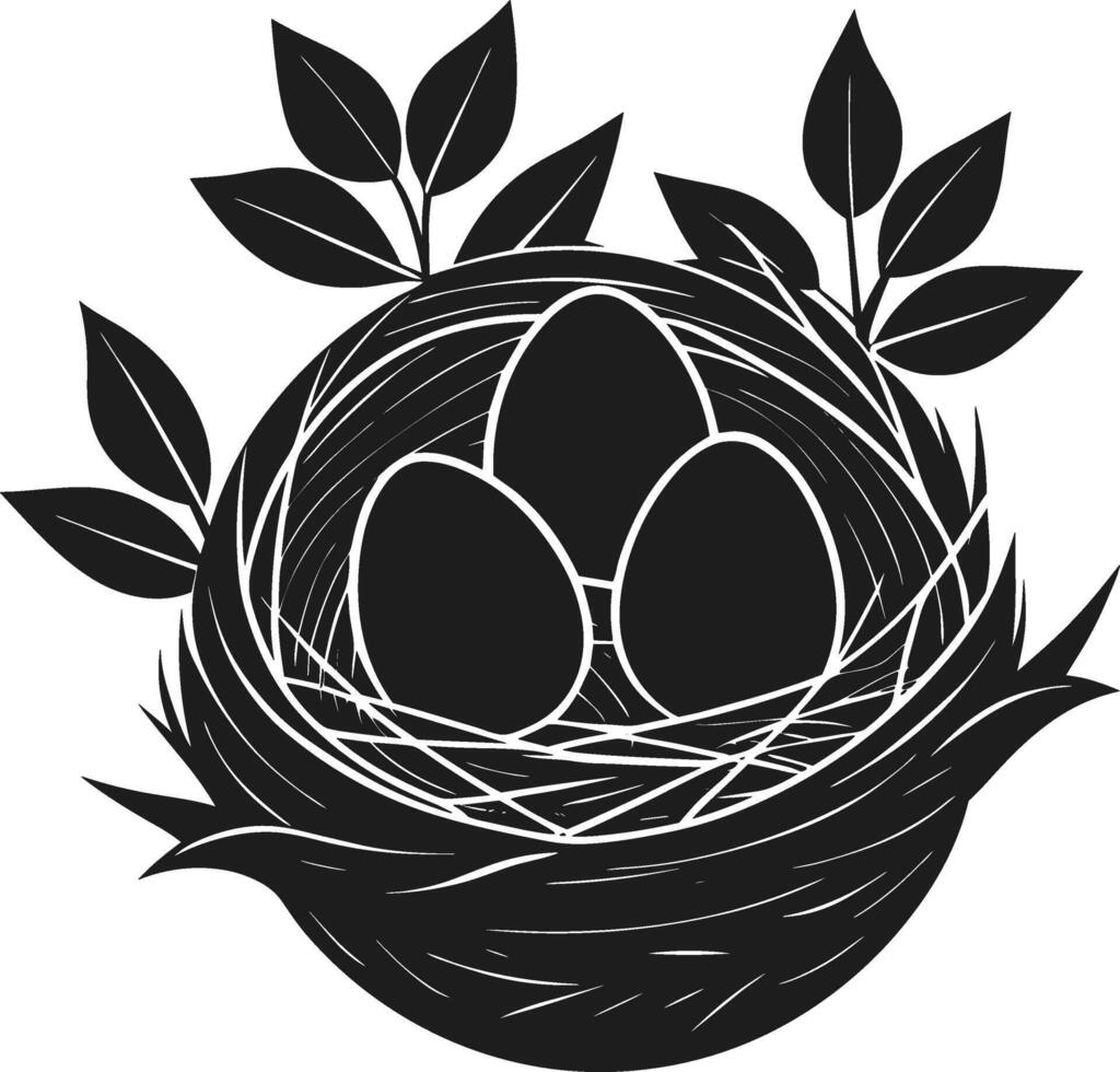 Bird Nest with Eggs and Leaves - Elegant Spring Silhouette vector