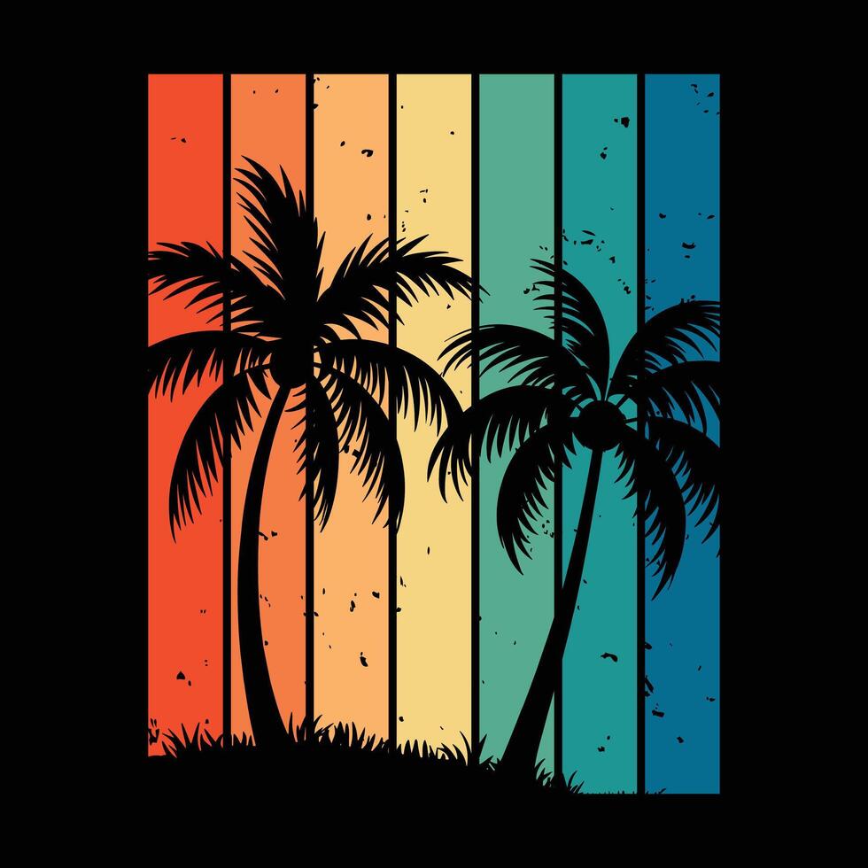 Retro Tropical Palm Trees Sunset Illustration vector