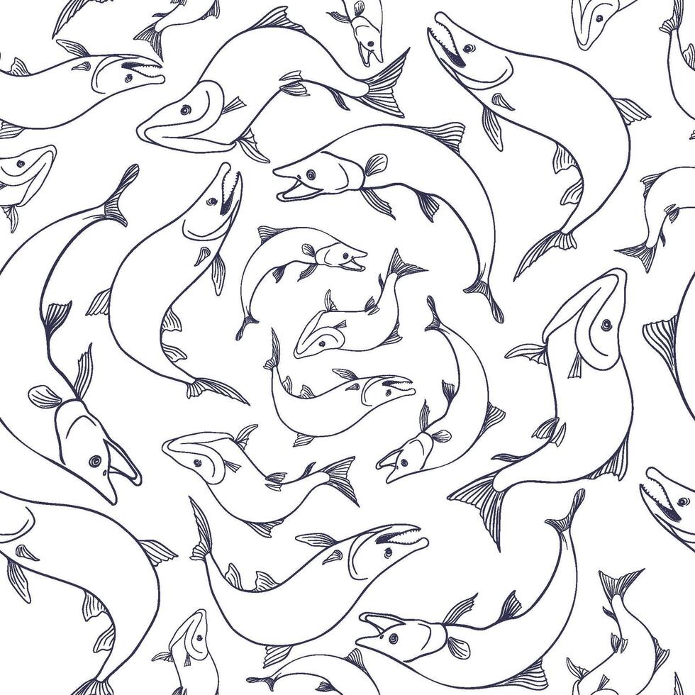 Seamless pattern with trout and salmon black silhouettes. Hand drawn nerka fish outline on repeat texture for packaging, textiles, backgrounds, wrapping paper, and fishing designs. vector
