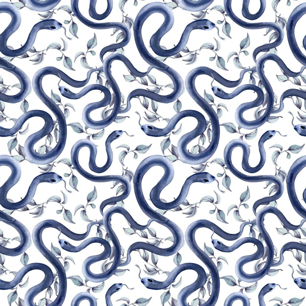Seamless Pattern of dark blue snakes twist with gentle leaves watercolor isolated. Reptile on botanical monochrome repeated background hand drawn for mystical designs, animal print, wallpapers vector