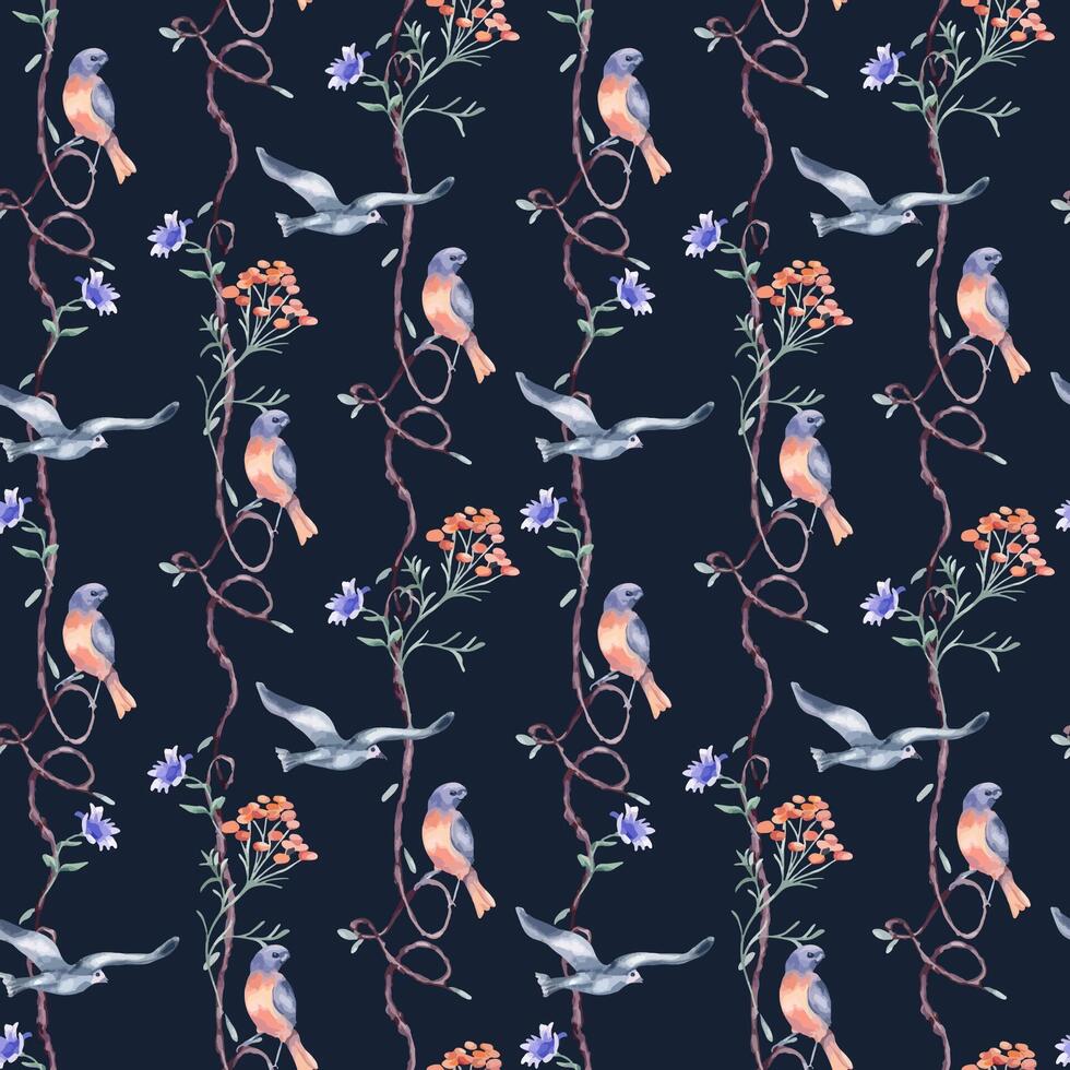 Seamless tree with birds of red, blue colors by watercolor isolated. Romantic repeating branches with heart shapes and delicate flowers pattern hand drawn. Avian wallpaper with floral elements vector
