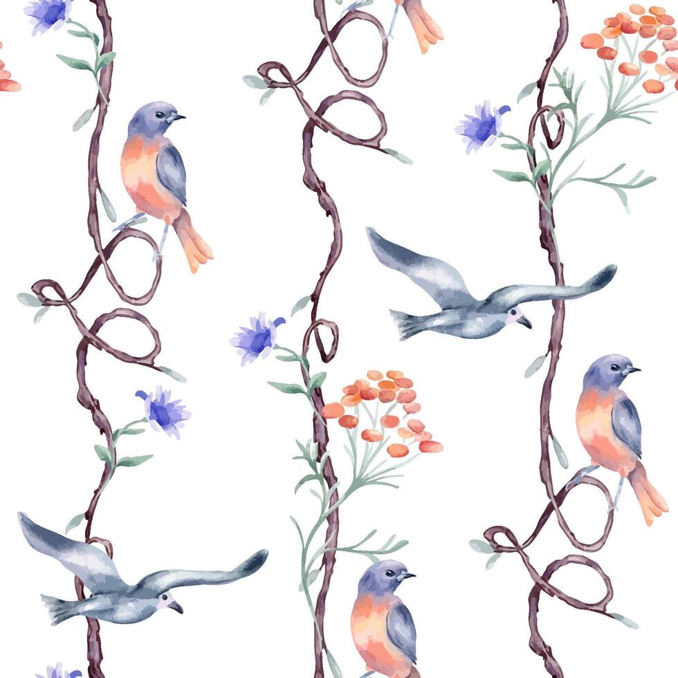 Seamless tree with birds of red, blue colors by watercolor isolated. Romantic repeating branches with heart shapes and delicate flowers pattern hand drawn. Avian wallpaper with floral elements vector