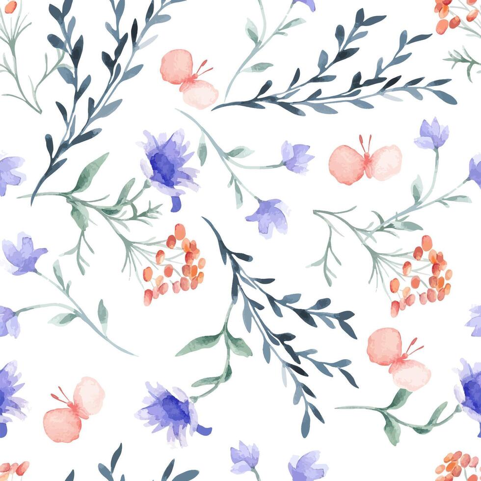 Summer meadow seamless pattern of flowers and herbs in blue pink watercolor colors isolated. Abstract simple plants and butterflies hand drawn on repeated background. Foliate pattern design textile vector