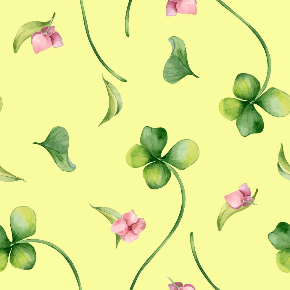 Shamrock and little pink flowers watercolor illustration on seamless pattern isolated. Floral design with green four lucky leaves on repeated background. Clover hand drawn in botanical sketch art vector