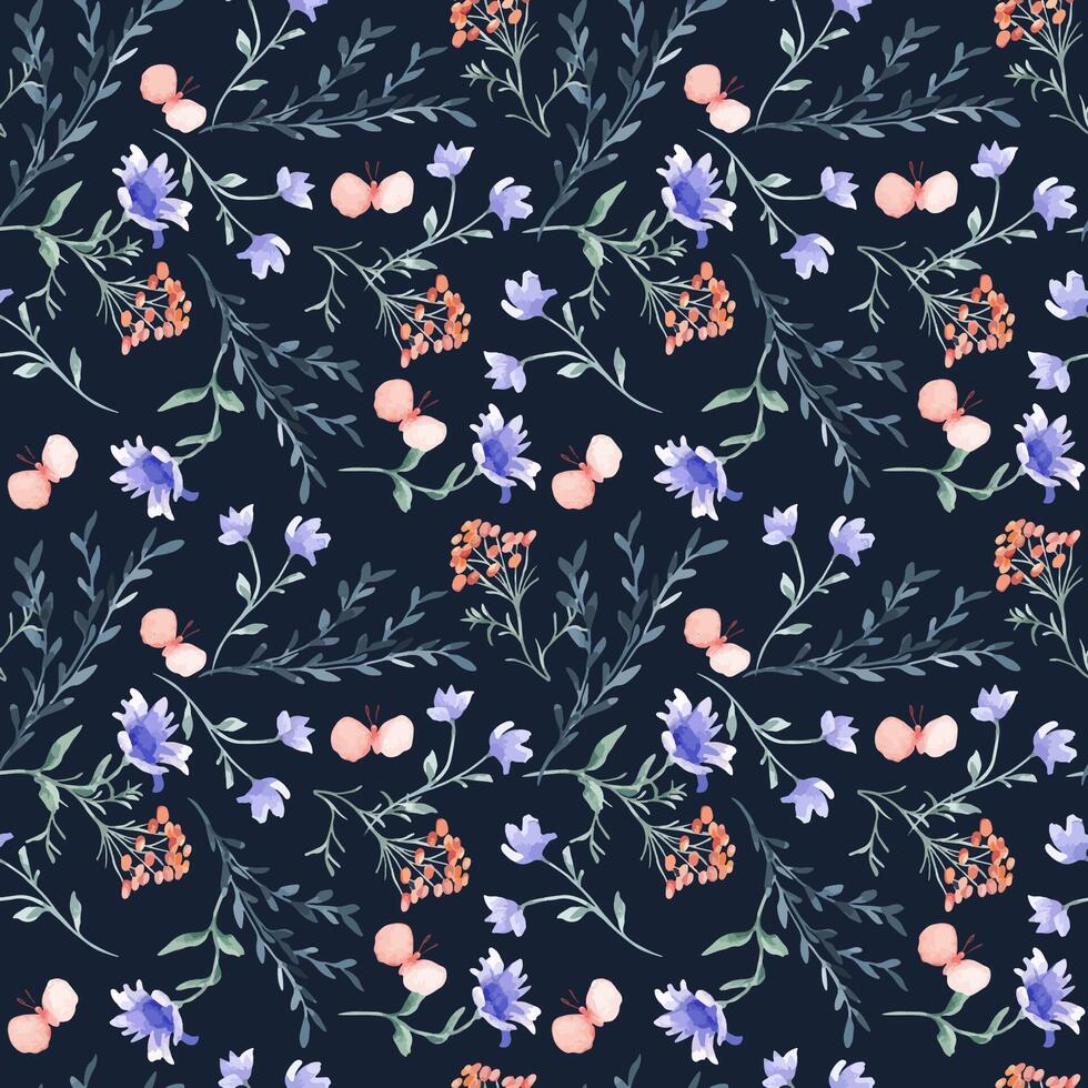 Summer meadow seamless pattern of flowers and herbs in blue pink watercolor colors isolated. Abstract simple plants and butterflies hand drawn on repeated background. Foliate pattern design textile vector