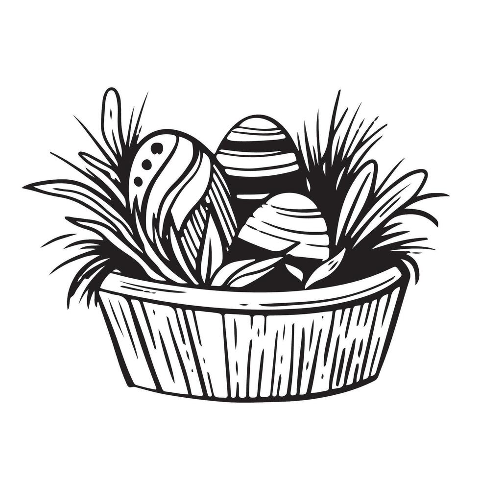 Black and White Sketch Easter Eggs in the basket. Spring holiday hand drawn illustration. isolated elements. For cards, web, invitations, prints vector